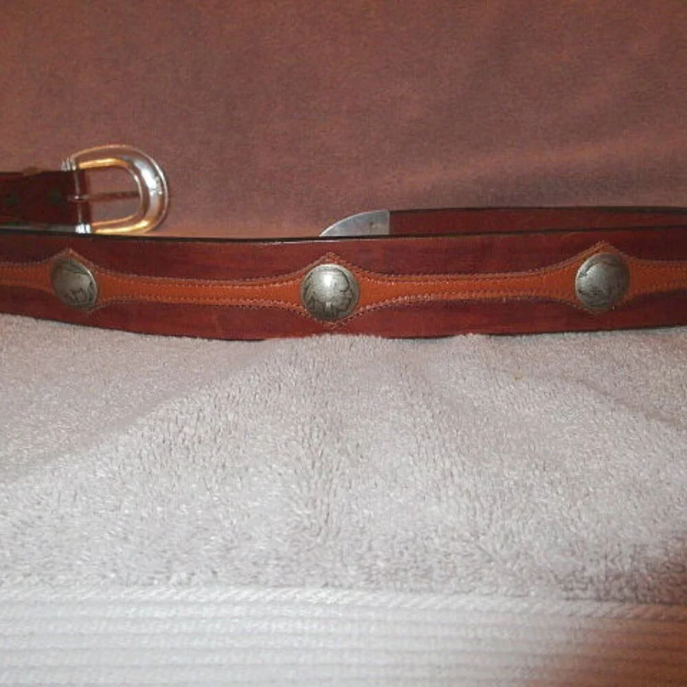 Vtg Buffalo Nickels Indian Head Leather Belt Size 40 Conches Western Cowboy USA